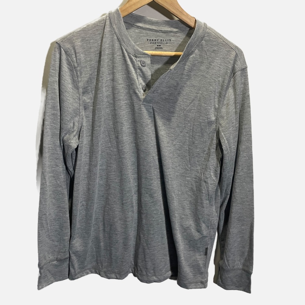 Perry Ellis Portfolio Mens Medium Gray Long Sleeve Henley Shirt Casual Top
